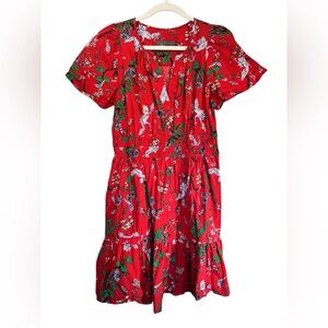 Anthropologie Red Floral Crane Print Cotton Midi Dress V-Neck Women’s M